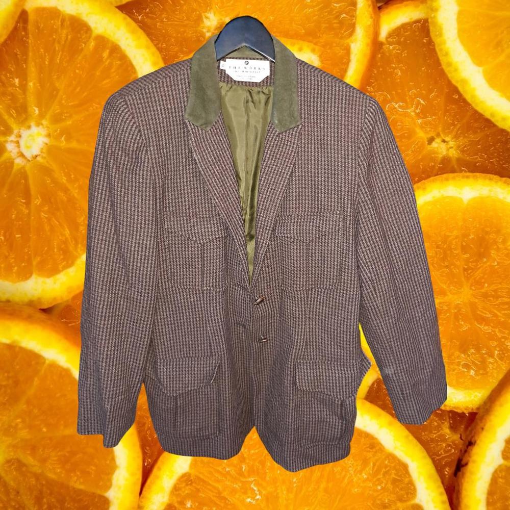 Vintage The Works Saks Fifth Avenue Purple/Black Plaid Blazer Green Suede Accent